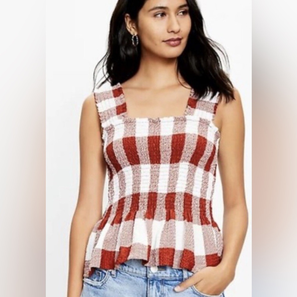 Loft Gingham Smocked Peplum Tank Top